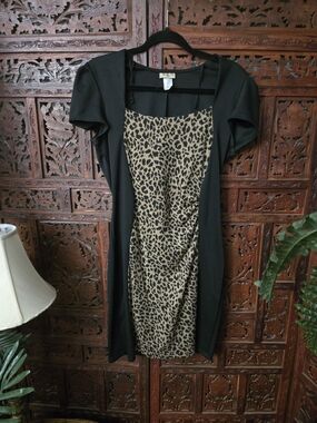 Jeanette Plus Black Dress with Leopard Print Panel